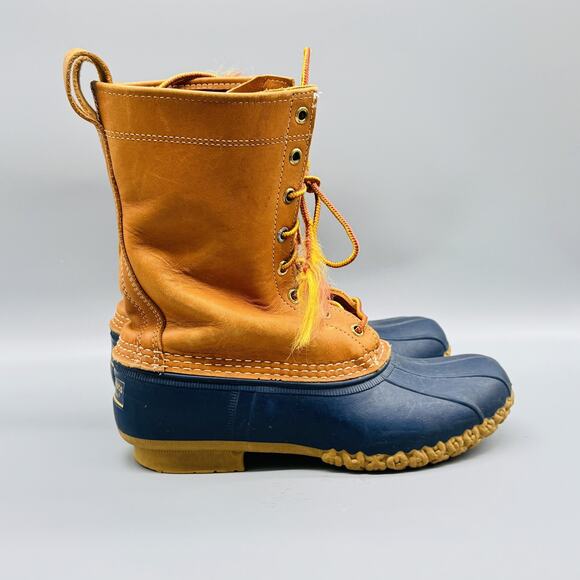 LL Bean Bean Boots Mens 8 Brown Blue Waterproof Rubber Leather Made in USA - Picture 1 of 12